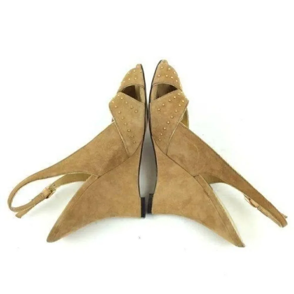 Nina Heels Size 8 38 tan Suede Studded Peep Toe Wedges